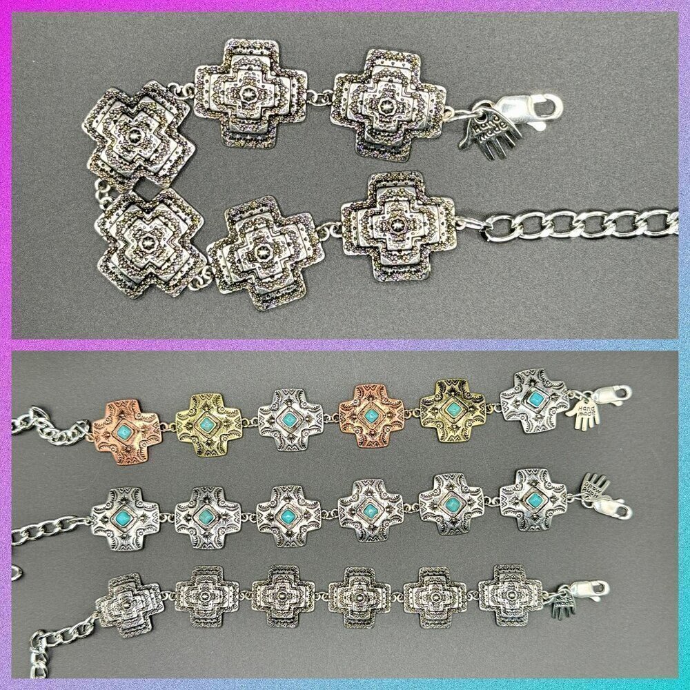 Silver Tone Cross Concho Chain Bracelet #1441